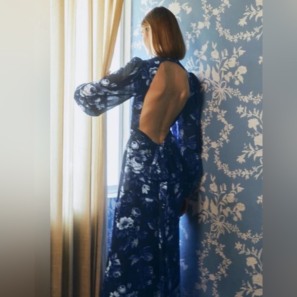 Reformation Open Back Midleton Gown Dress Blue Floral Lottie Navy sz 6